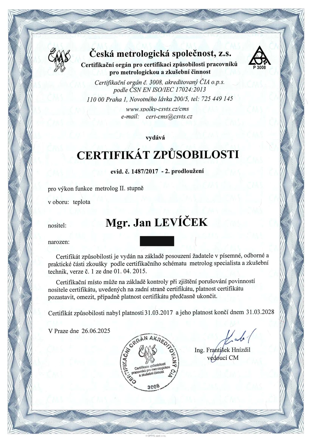 Certifikát způsobilosti: metrolog II. stupně, obor teplota