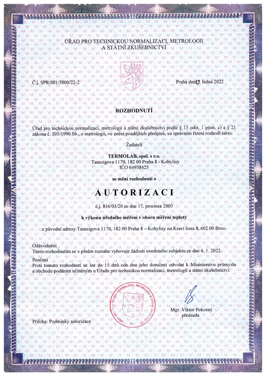 Rozhodnutí o autorizaci k úřednímu měření teploty
