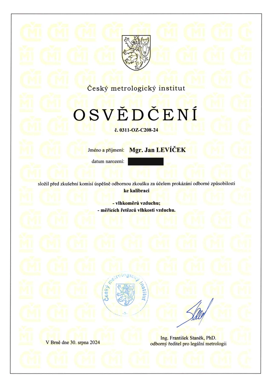 Osvědčení ČMI: kalibrace vlhkoměrů vzduchu