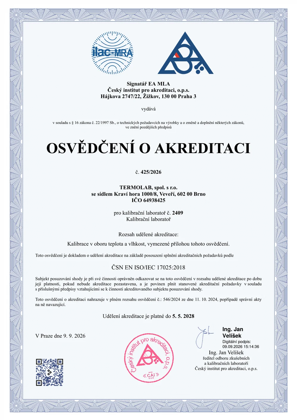 Osvědčení o akreditaci č. 425/2026